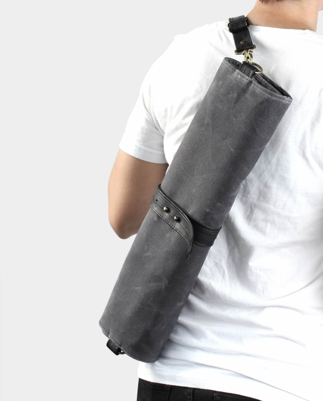 waxed canvas chef knife roll with strap