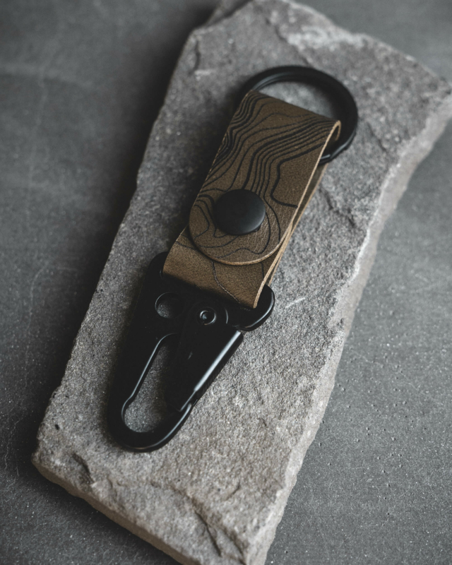 Topographic Map Design keychain in olive green leather