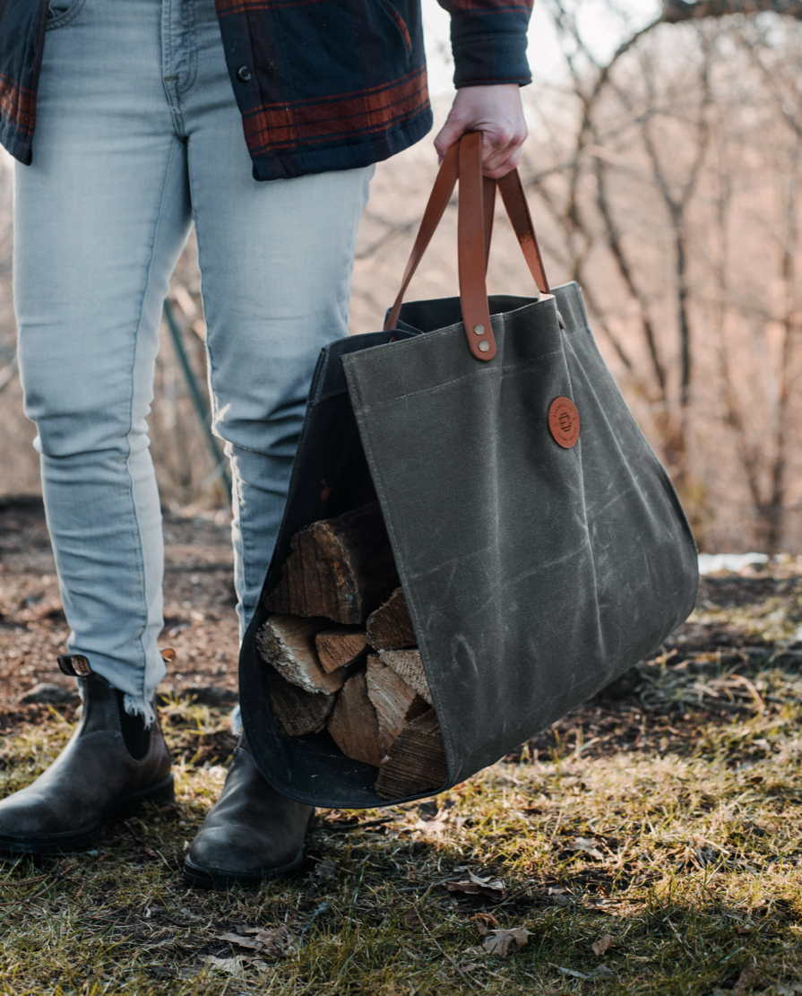 Olive waxed canvas Firewood carrier tote bag with leather handles