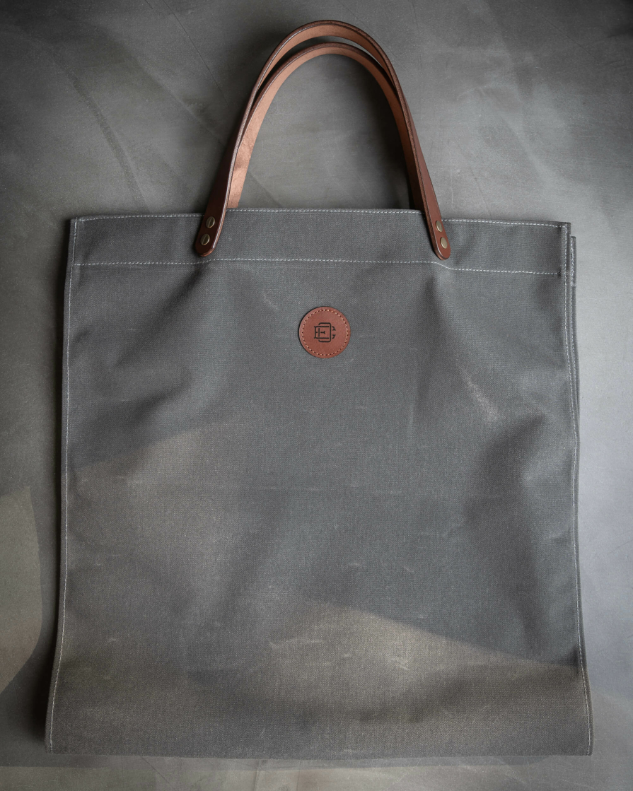 Grey waxed canvas Firewood carrier tote bag with leather handles