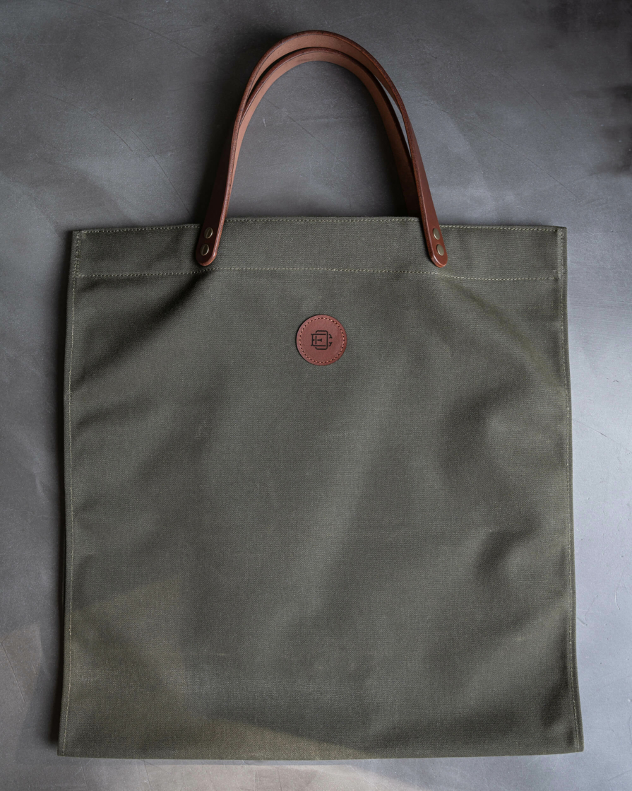 Olive waxed canvas Firewood carrier tote bag with leather handles