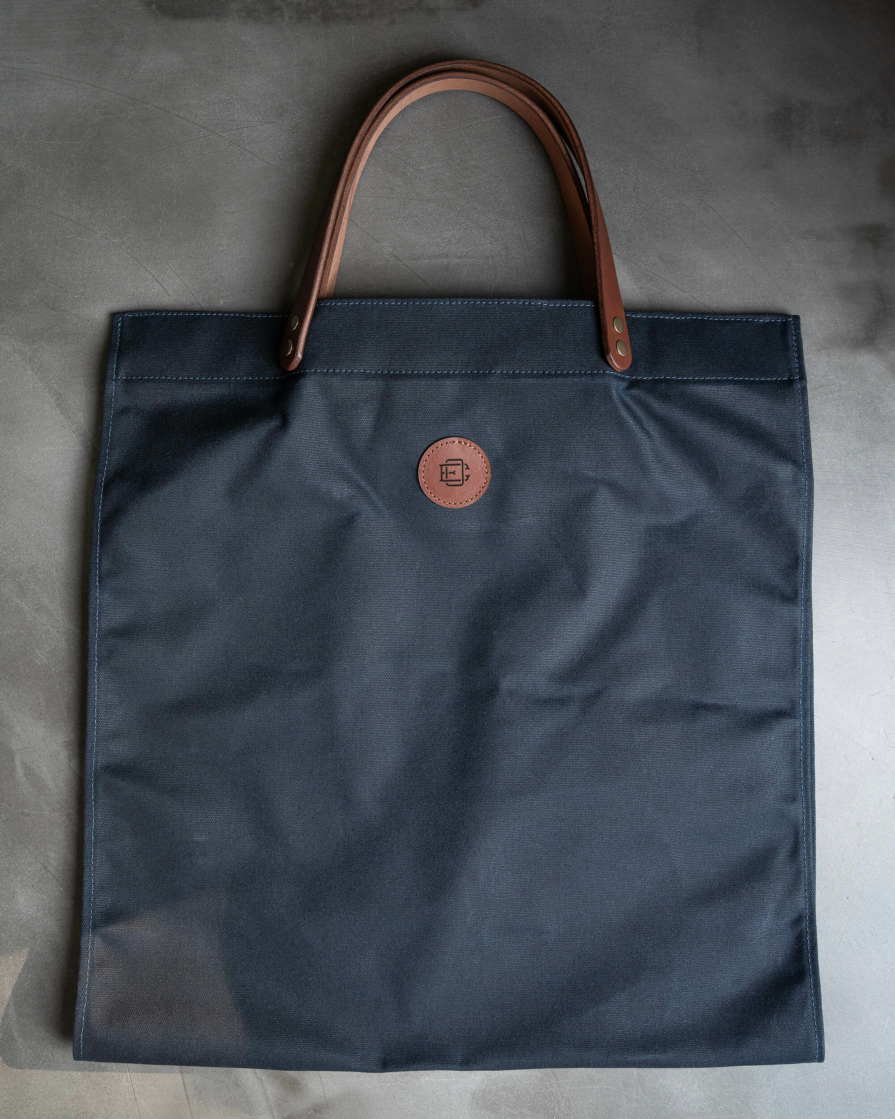 Navy waxed canvas Firewood carrier tote bag with leather handles