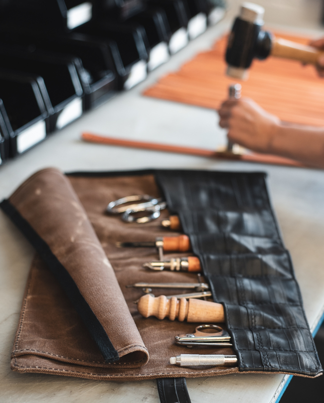 Tan waxed canvas tool roll