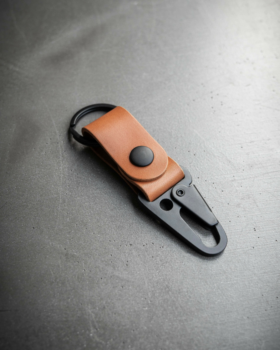 Full grain tan leather keychain with heavy duty matte black clip