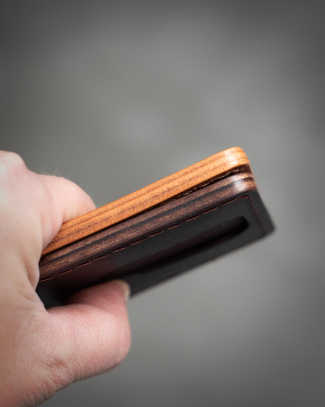 burnished leather edges on card wallet