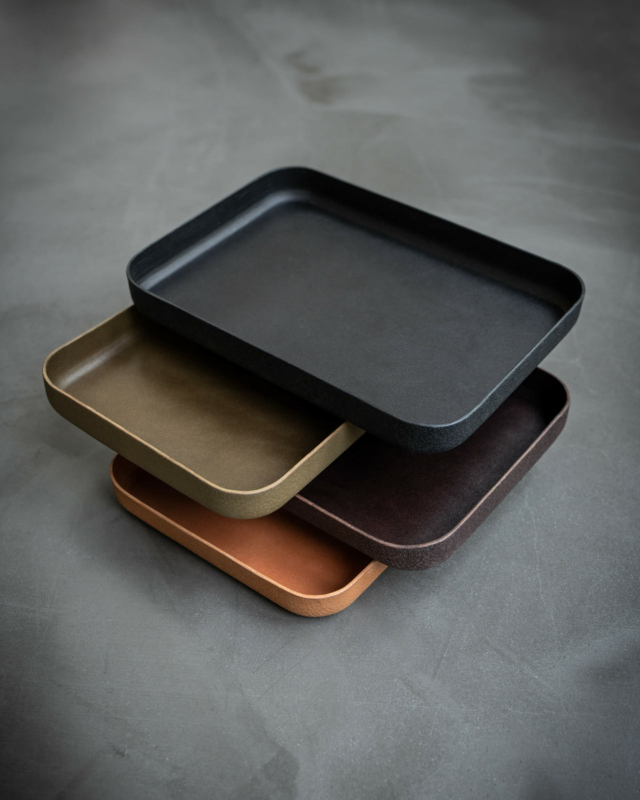 brown, tan, olive and black leather valet trays