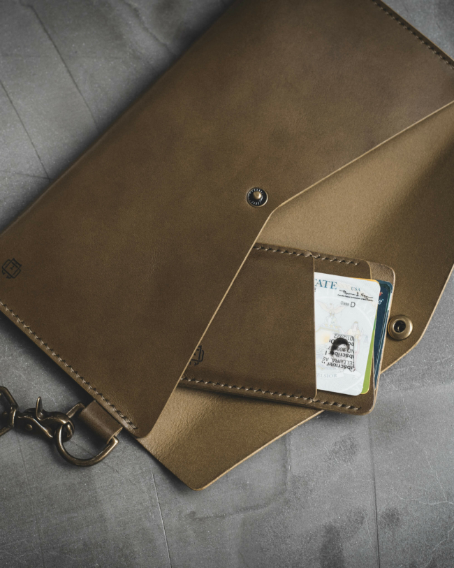 Leather Wristlet Envelope Clutch in Olive Green