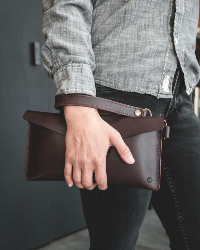 Leather Wristlet Envelope Clutch in Brown