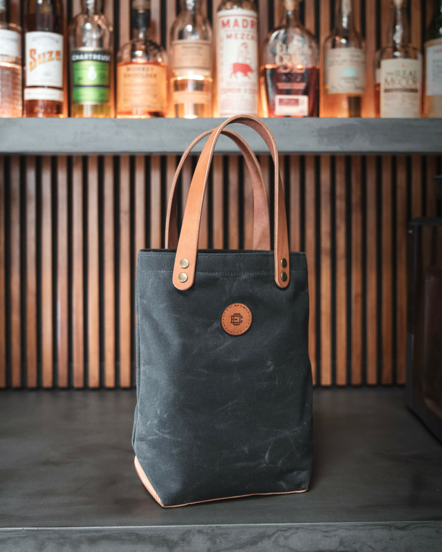Leather and Waxed Canvas Wine Bottle Tote Bag