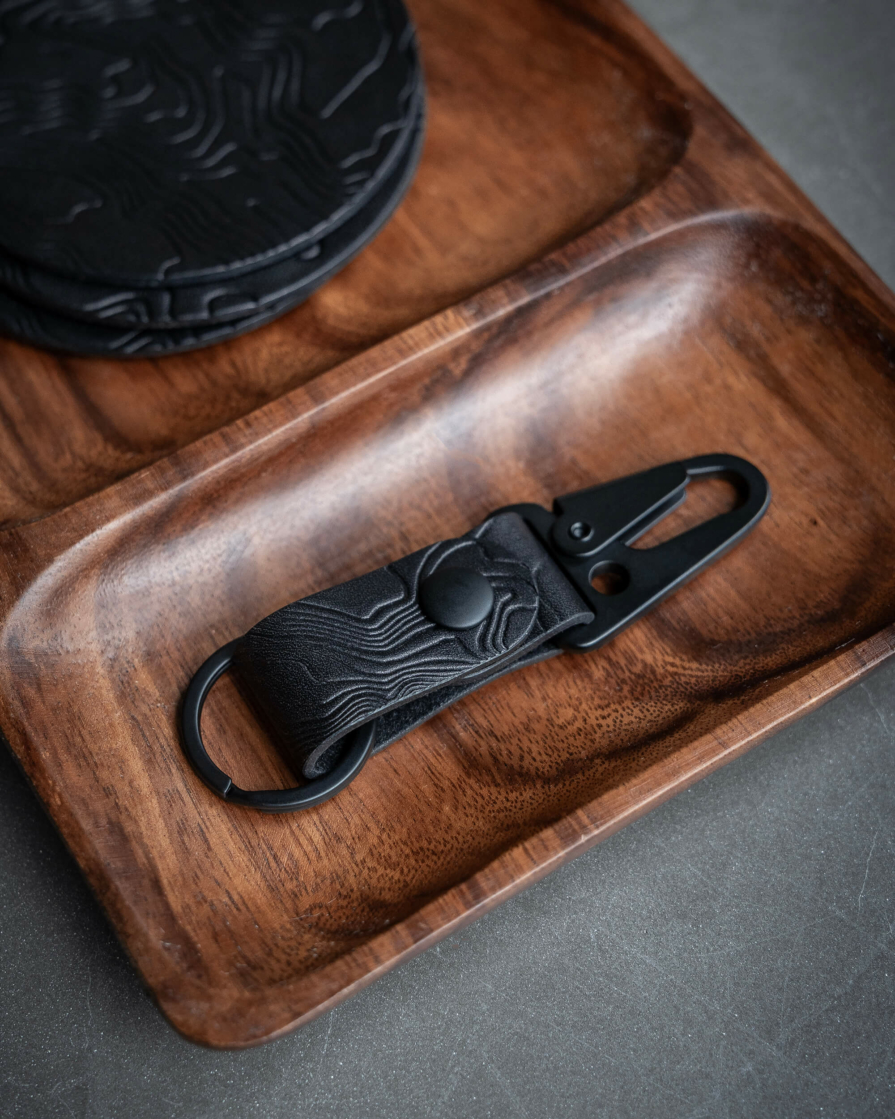 Black Leather Keychain with Topographic Debossed Map Pattern