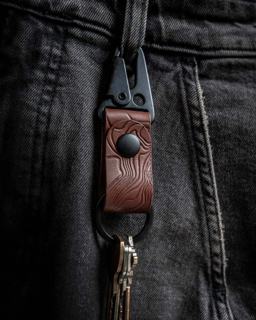 Brown Leather Keychain with Topographic Debossed Map Pattern