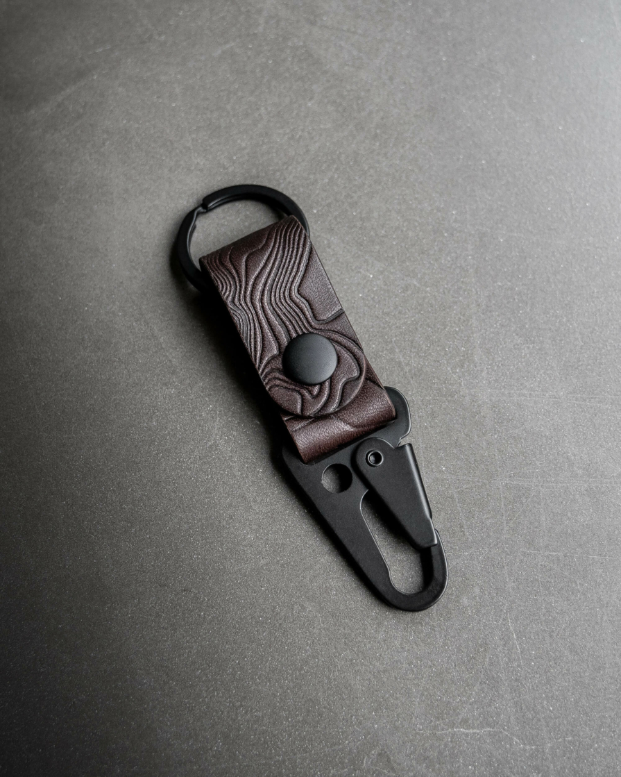 Dark brown Leather Keychain with Topographic Debossed Map Pattern