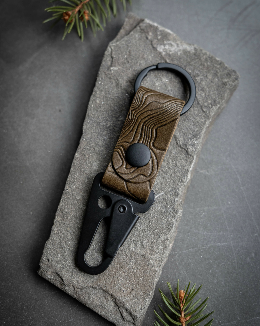 Olive Leather Keychain with Topographic Debossed Map Pattern