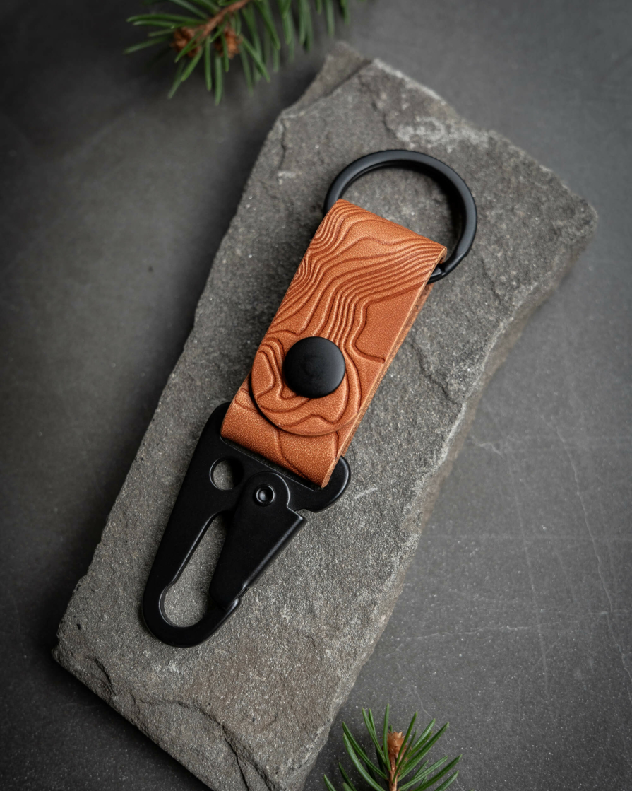 Tan Leather Keychain with Topographic Debossed Map Pattern