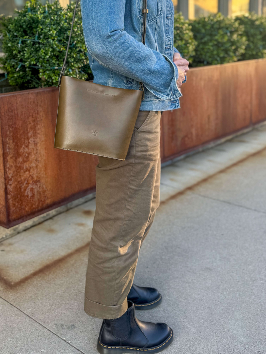 Olive leather bucket bag