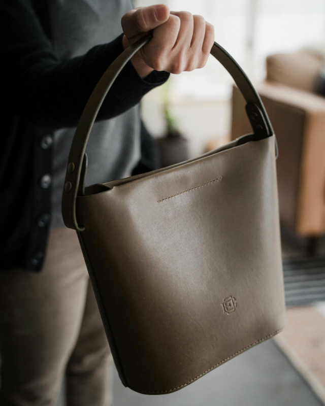 Olive leather bucket bag