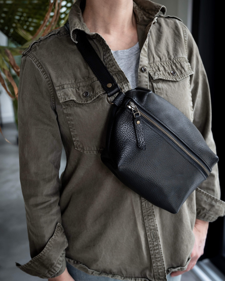 Black Leather Waist Pack / Sling Bag