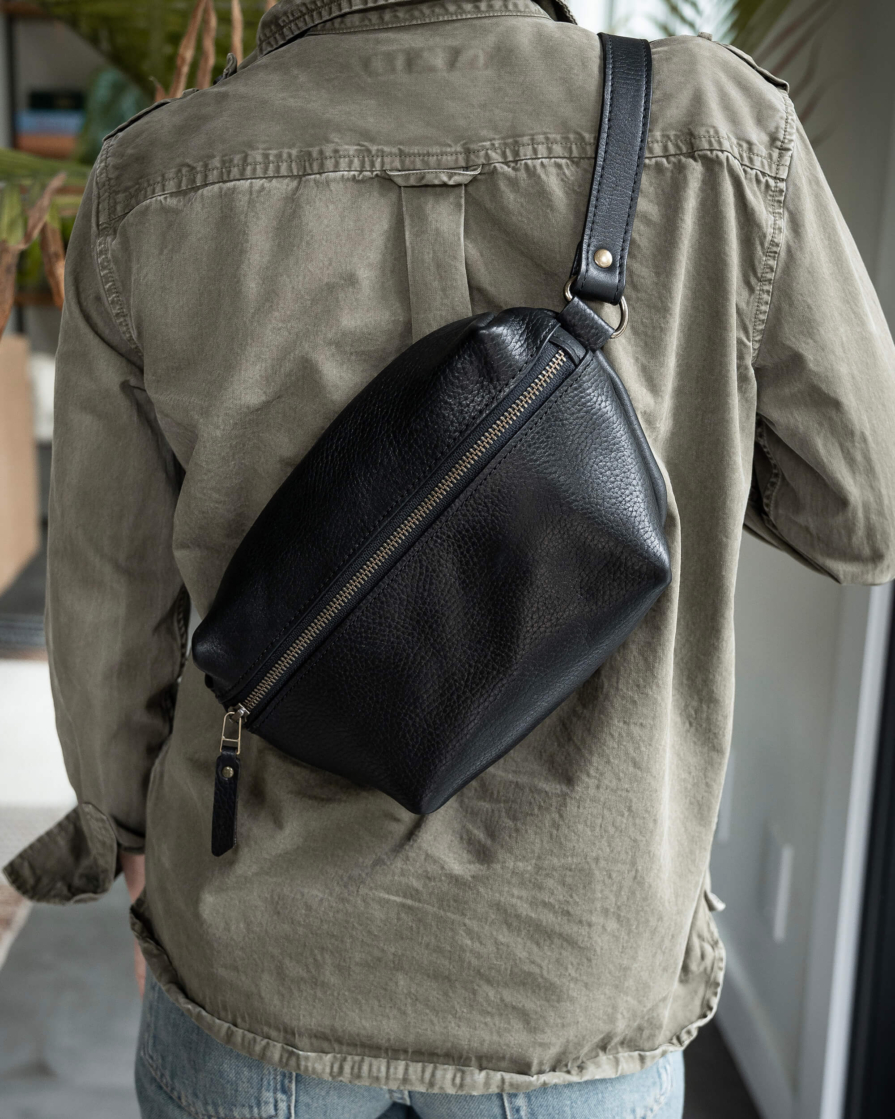 Black Leather Waist Pack / Sling Bag