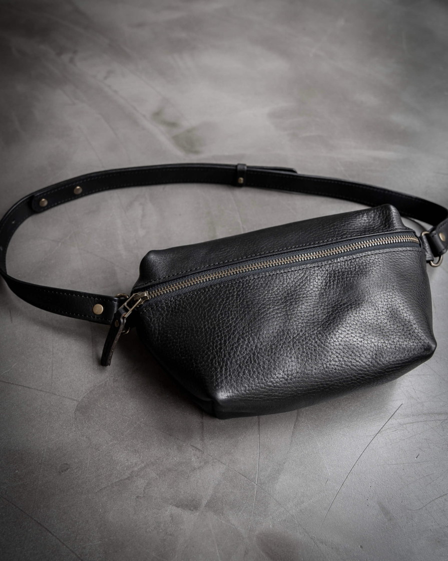 Black Leather Waist Pack / Sling Bag