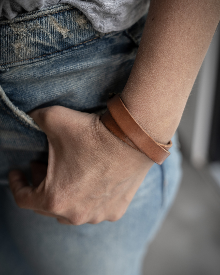 Leather double wrap wrist cuff in tan