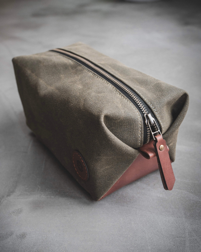 Toiletry bag / Dopp kit made from waxed canvas and leather